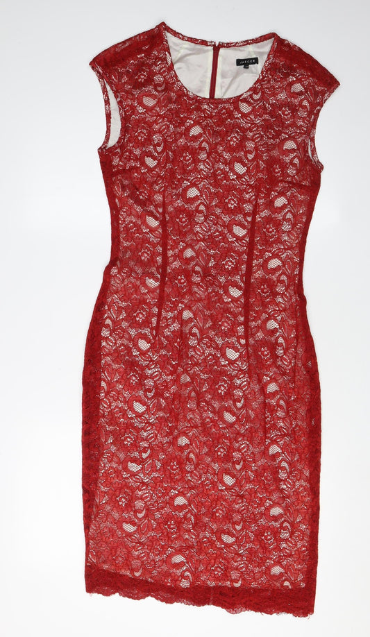Additional front view of Jaeger Red Women's Sheath Dress, size 10, Cocktail Elegance