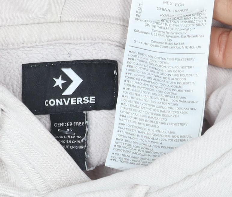 Close-up detail of Converse Beige unisex xs pullover hoodie with logo