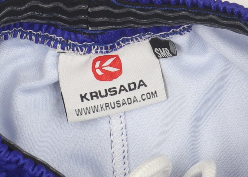 Close-up detail of Krusada boys’ blue athletic shorts, size S, for gym & training