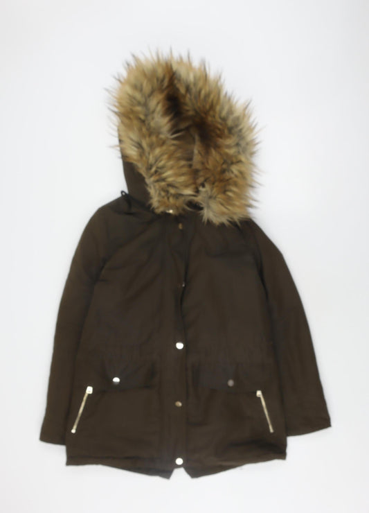 Zara Women's XS Brown Parka Jacket with Fur Trim