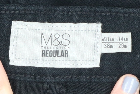 Marks and Spencer Men's Black Regular Trousers, Size 38