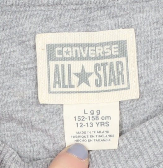 Brand and care label for Converse boys’ grey sweatshirt 12-13 years graphic print pullover