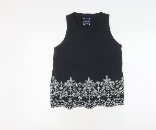 Superdry Women's Black Tank Top, Size 6, Embroidered