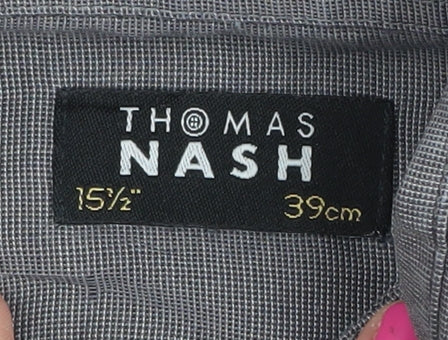 Brand and care label for Thomas Nash Men's Grey Regular Fit Long Sleeve Shirt