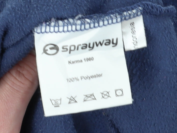 Brand and care label for Sprayway unisex blue fleece sweatshirt, size 14, high neck