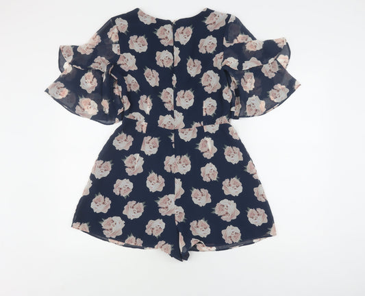 Topshop Women's Blue Floral Playsuit, Size 10, V-Neck, Ruffle