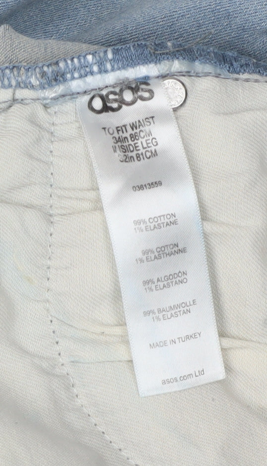Close-up detail of ASOS Men’s Blue Straight Jeans, L, Distressed Style