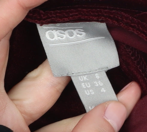 Brand and care label for ASOS Women's Red Bodycon Dress, size 6, Velvet Party