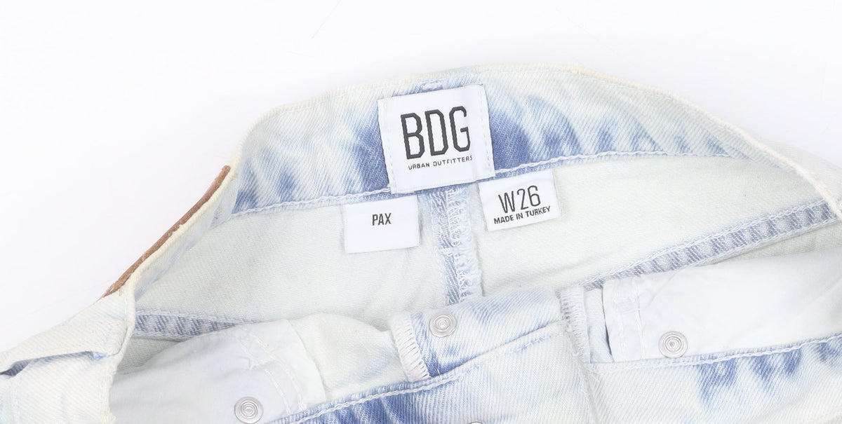 Brand and care label for BDG Women's Blue Cut-Off Denim Shorts, size 8