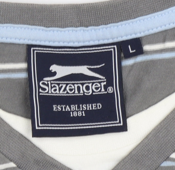 Slazenger Men's Grey Striped V-Neck T-Shirt, Size L