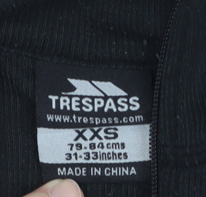 Brand and care label for Trespass unisex black pullover 2xs, high neck, 1/4 zip