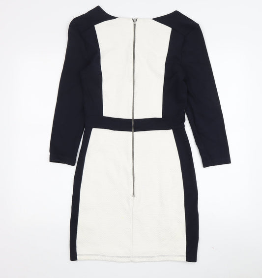 French Connection Women's Black and Ivory Bodycon Dress - Size 12