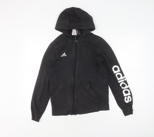 Additional front view of Adidas boys’ black full zip hoodie, size 12-13, logo accent