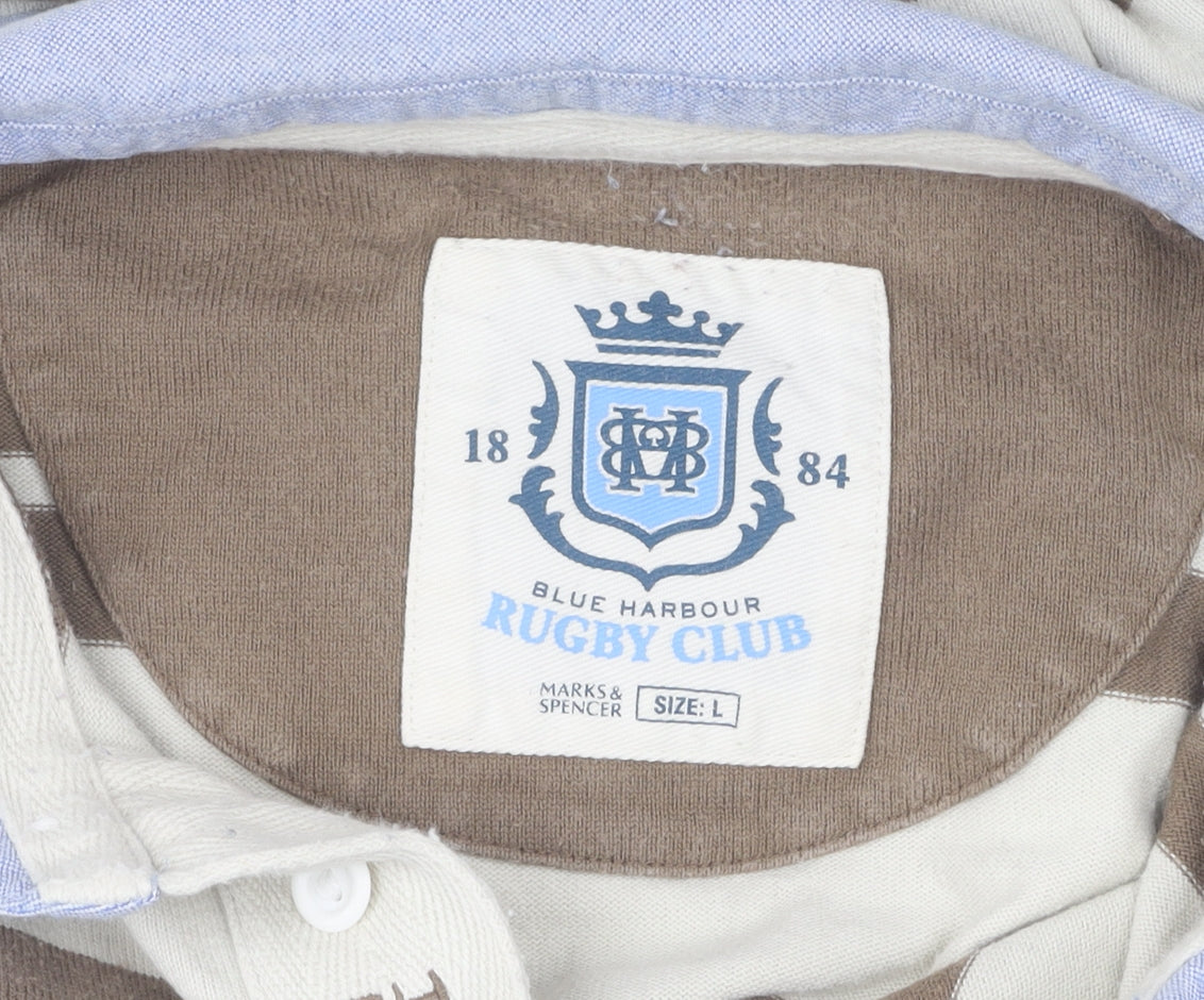 Marks and Spencer Men's Brown Striped Polo, M