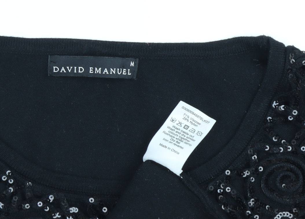 David Emanuel Women's Black Sequin Pullover, M, 3/4 Sleeve