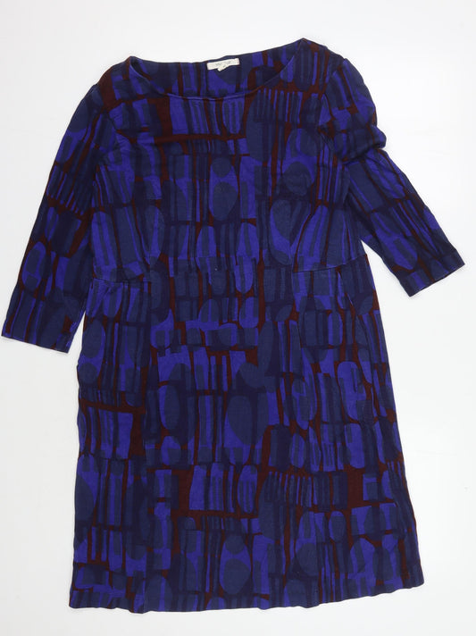 White Stuff Women's Blue Geometric Dress, UK 14, 3/4 Sleeve