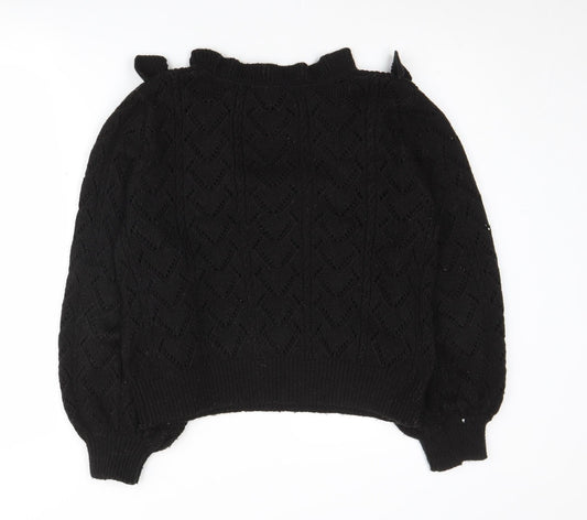 H&M Black Women's Pullover Jumper, Size M, Ruffled Accent