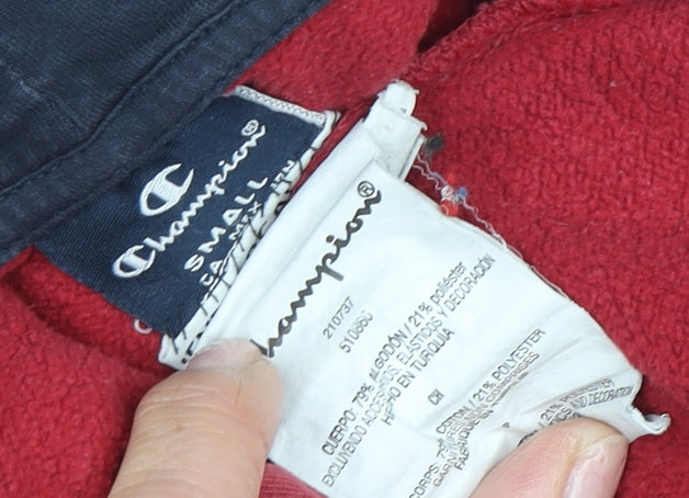 Close-up detail of Champion unisex red pullover hoodie, size S