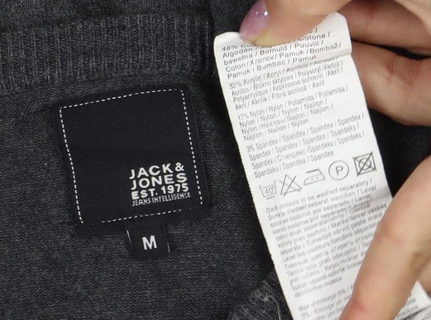 Jack & Jones Men's Grey Henley Jumper, M, V-Neck