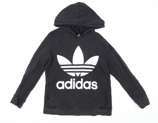 Additional front view of Adidas unisex black pullover hoodie, size 12, sporty logo