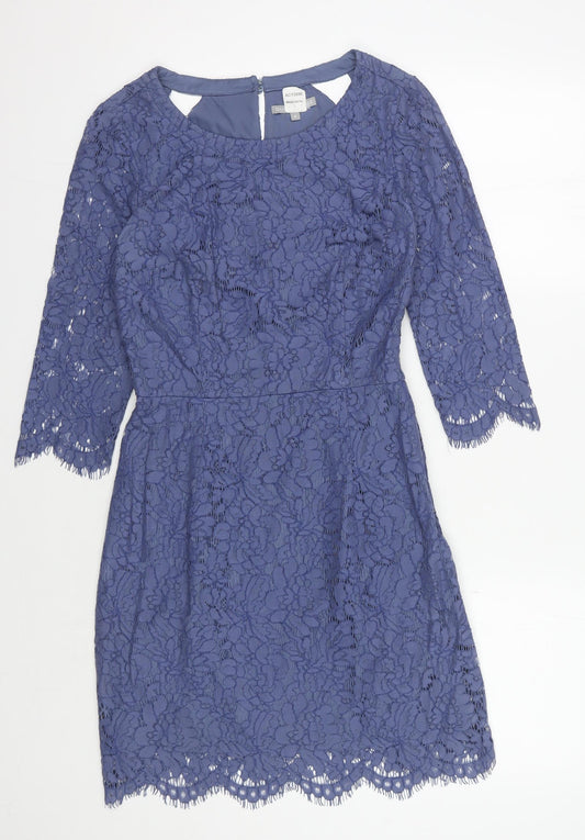 Additional front view of Oliver Bonas Blue A-Line Lace Dress, size 8, Elegant Evening Wear