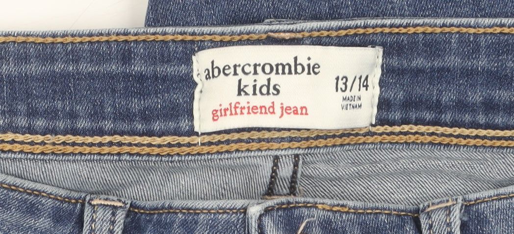 Brand and care label for Abercrombie & Fitch Teens Blue Boyfriend Jeans, size 13-14