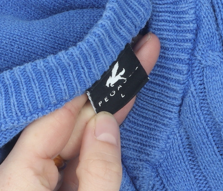 Pegasus Men's Blue V-Neck Cable-Knit Jumper L