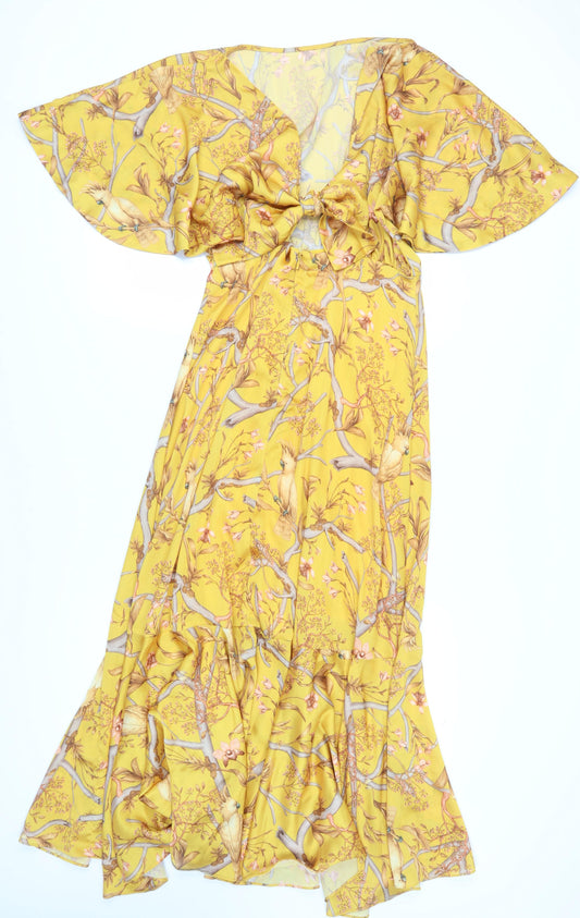 H&M Women's Yellow Mermaid Dress Size 12 - Flutter Sleeve, V-Neck