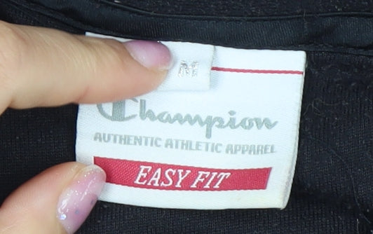Brand and care label for Champion unisex black medium pullover sweatshirt