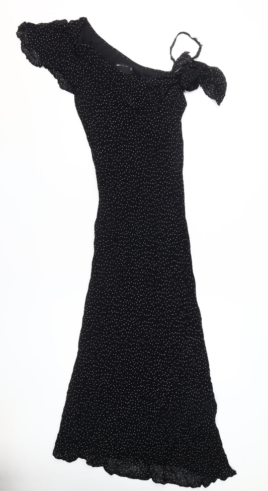 Additional front view of ASOS DESIGN Women's Black Polka Dot Bodycon Midi Dress, size 14