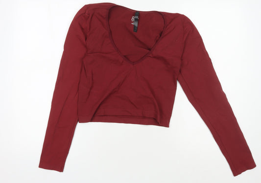 Additional front view of BDG Women's Red Cropped V-Neck Long Sleeve Top