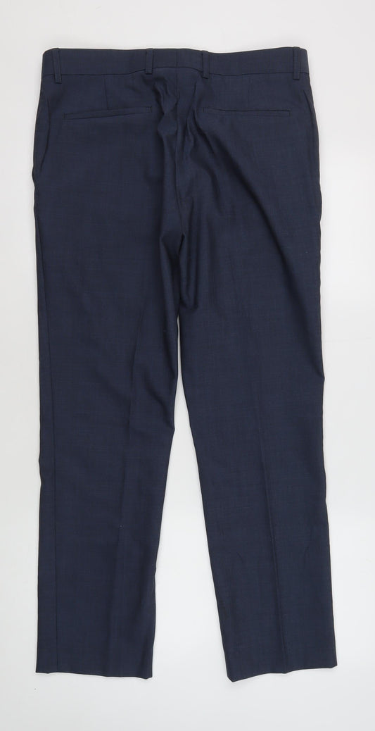 Topman Men's Blue Wool Trousers, Size 34S, Flat Front