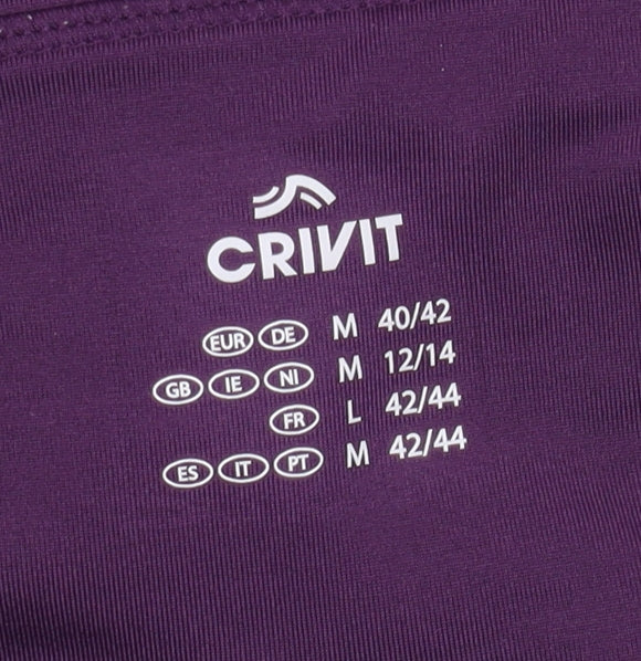 Brand and care label for Crivit Women's Purple Athletic Leggings, size M
