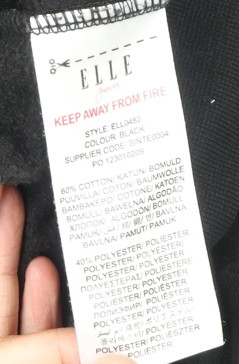 Brand and care label for Elle girls’ black pullover hoodie, size 16, graphic logo