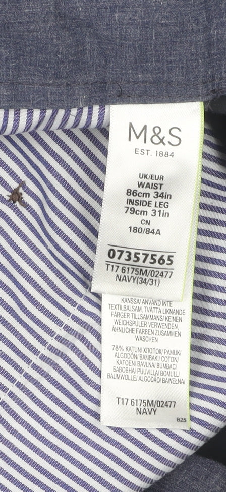Marks and Spencer Men's Blue Trousers, Size 34, Straight Fit