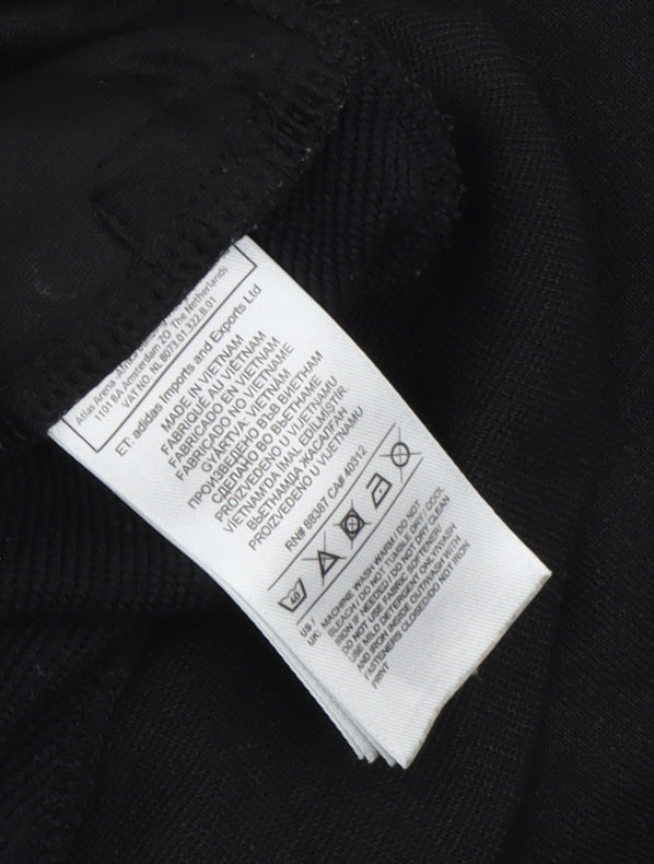 Brand and care label for Adidas unisex black full zip hoodie, size S, regular fit