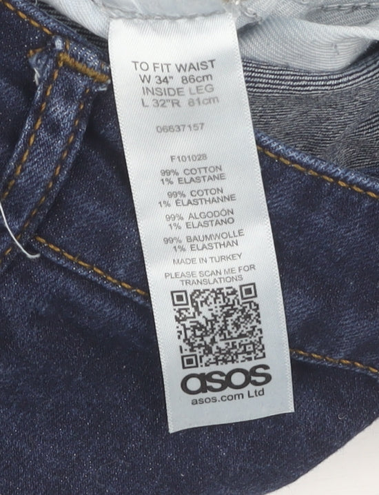 Brand and care label for ASOS Men's Blue Skinny Jeans, size 34, Dark Denim