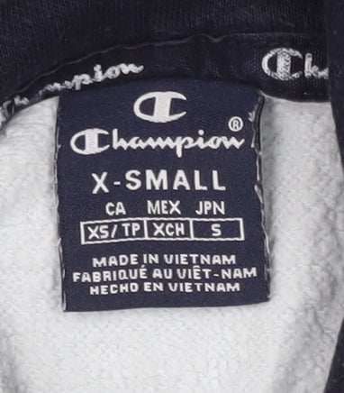 Brand and care label for Champion Blue unisex xs pullover hoodie