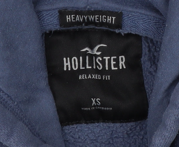 Brand and care label for Hollister Blue unisex pullover hoodie xs