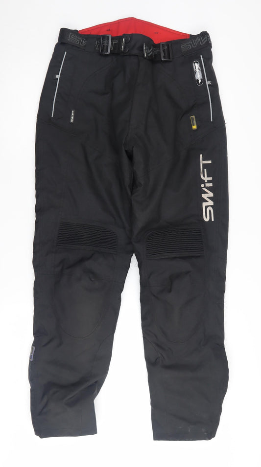 Additional front view of SWIFT unisex black s snow pants with buckle closure