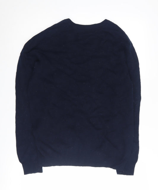 Marks and Spencer Men's Blue Wool V-Neck Jumper Small