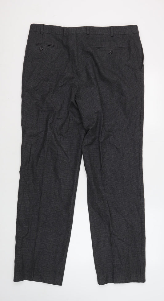 Marks and Spencer Men's Grey Wool Check Trousers, Size 36