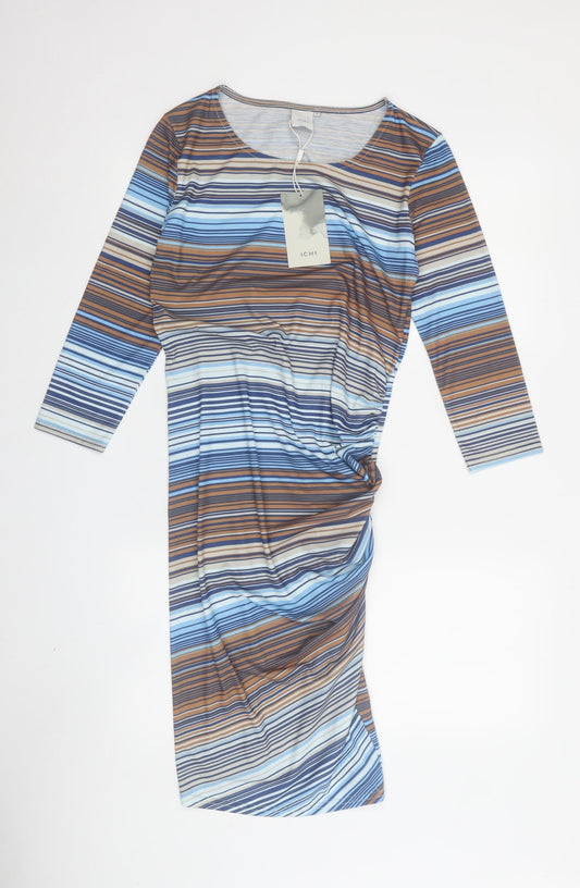 Additional front view of ICHI Women's Multicoloured Striped Bodycon Dress