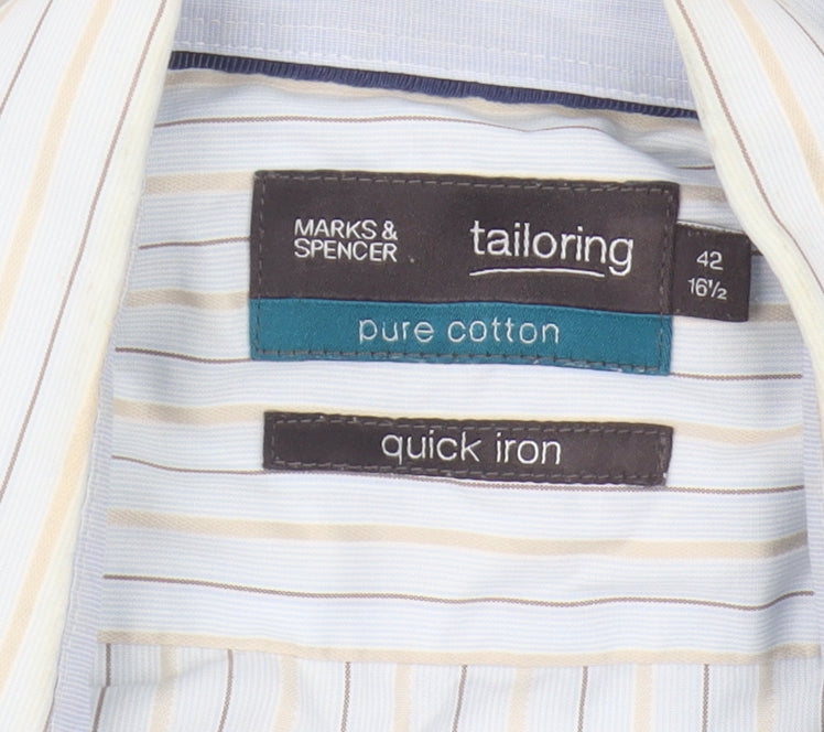 Marks and Spencer Men's Blue Striped Shirt, Size 42