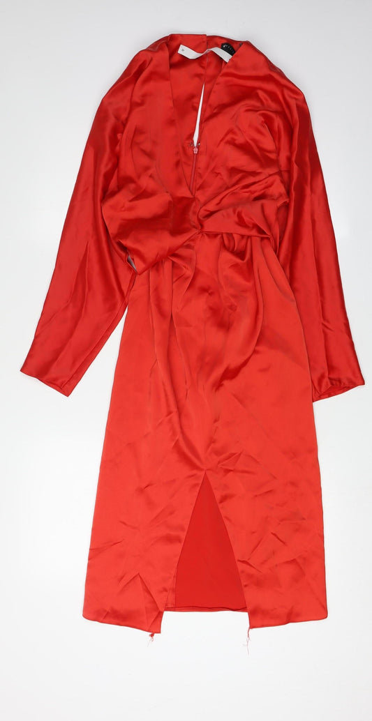Additional front view of ASOS Design Red Wrap Midi Dress, size 10, - Party Ready!