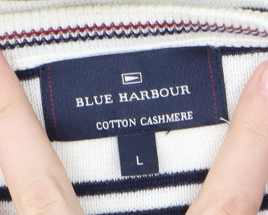 Blue Harbour Men's Ivory Striped Cotton Cashmere Jumper L