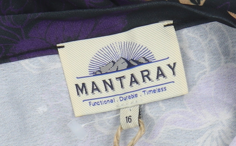 Brand and care label for Mantaray Women's Black Floral Tunic Blouse, size 16