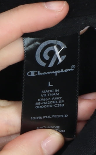 Close-up detail of Champion unisex black full zip hoodie, size L