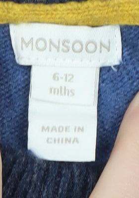 Monsoon Unisex Blue Animal Jumper 6-9 Months, Cotton Wool Blend