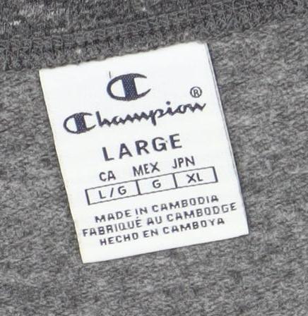 Close-up detail of Champion unisex grey sweatshirt large crew neck